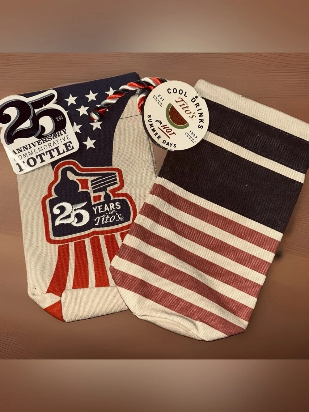 2-Tito's Handmade Vodka American Flag Burlap Bottle Bags 25th Anniversary W/tags